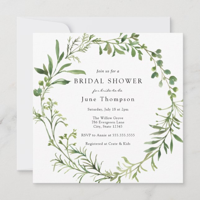 Simple Greenery Wreath Bridal Shower Invitation (Front)