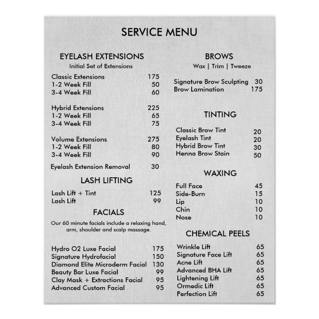 Simple Grey Beauty Salon Service Menu Poster (Front)