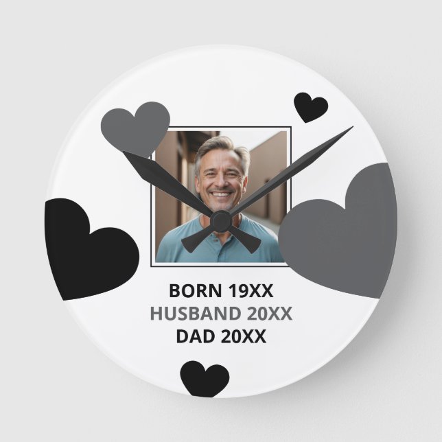 Simple Grey & Black Hearts Husband Keepsake Photo Round Clock (Front)