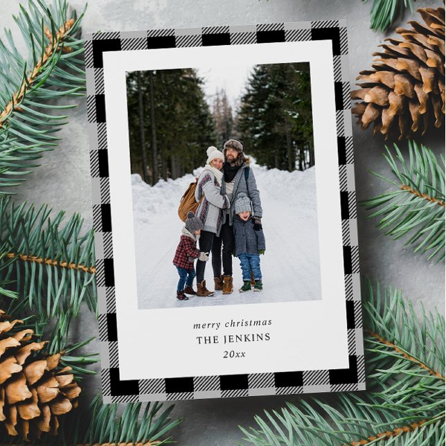 Simple Grey Black Plaid Border 2 Photos Christmas Holiday Card (Creator Uploaded)
