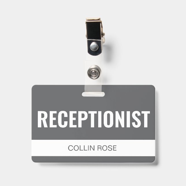 Simple Grey Custom Hotel Receptionist Employee ID Badge (Front with Clip)