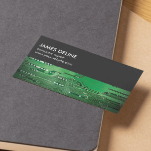 Simple Grey Green Circuit Board Computer Repair Business Card