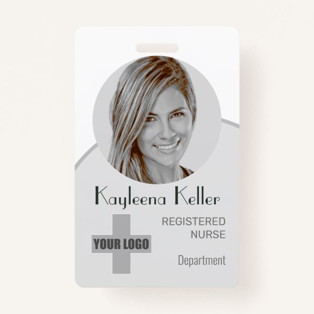 Simple Grey Grey Circle Photo Logo Barcode ID Code ID Badge (Front)