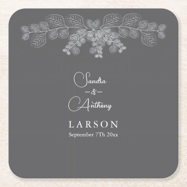 Simple Grey Line Art Eucalyptus  Wedding  Square Paper Coaster (Front)