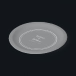 Simple Grey Modern Bride Groom Couple Wedding  Paper Plate<br><div class="desc">Simple, minimalist, and chic wedding party plates feature the names of the bride and groom with the wedding, engagement or anniversary event date in crisp white lettering and script. This modern design includes a double framed border in white on a minimalist ultimate grey background. Perfect to personalise with wedding, engagement...</div>