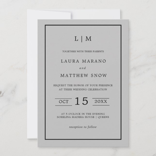 Simple Grey Monogram Modern Wedding Invitation (Front)