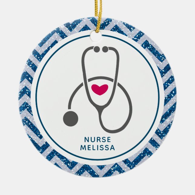 Simple Grey Nursing Stethescope on Blue Chevron Ceramic Tree Decoration (Front)