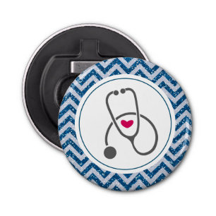 Simple Grey Nursing Stethoscope on Blue Chevron Bottle Opener