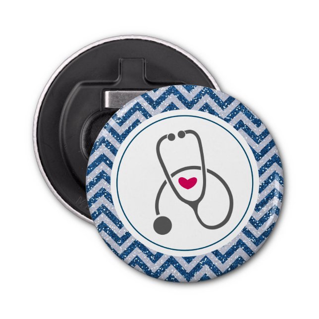 Simple Grey Nursing Stethoscope on Blue Chevron Bottle Opener (Front)