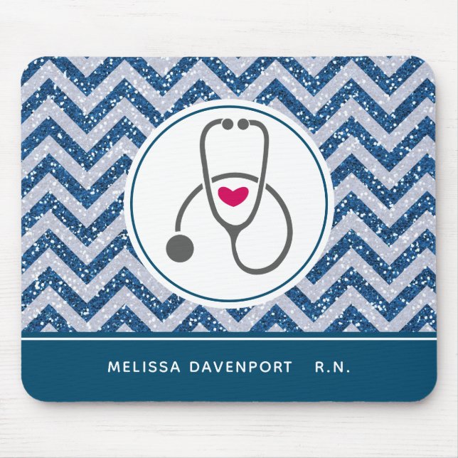 Simple Grey Nursing Stethoscope on Blue Chevron Mouse Pad (Front)