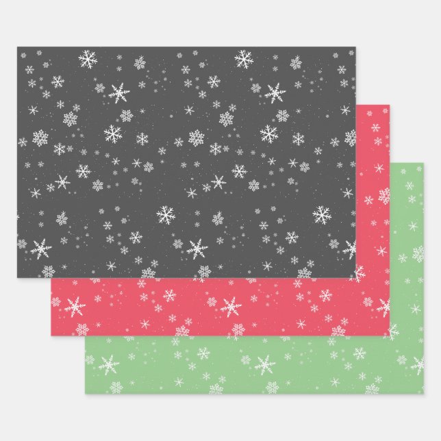 Simple Grey Red Green Snowflake Christmas Holidays Wrapping Paper Sheet (Set)