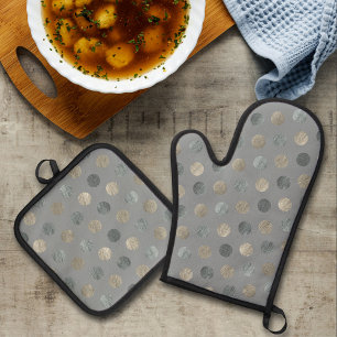 Simple Grey & Silver Polka Dots Modern & Elegant Oven Mitt & Pot Holder Set