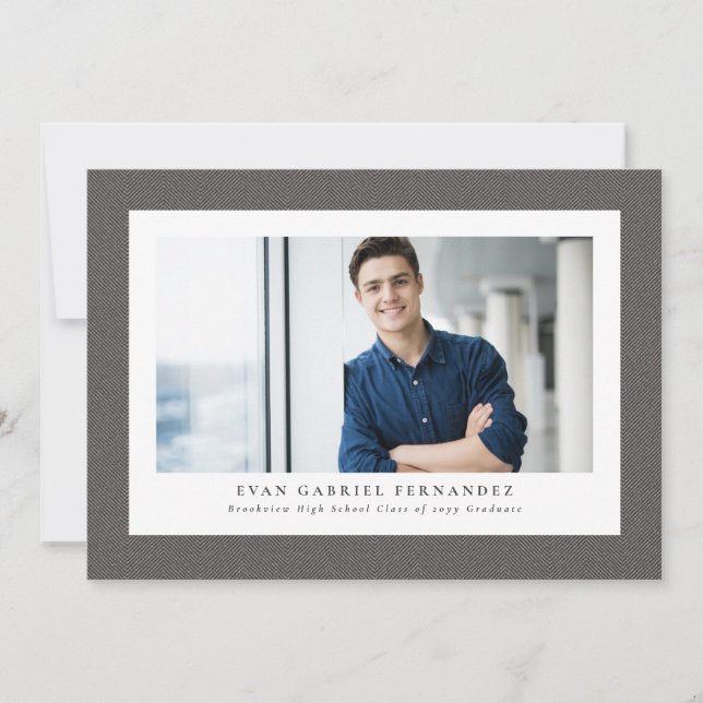 Simple grey tweed frame classic photo graduation invitation (Front)