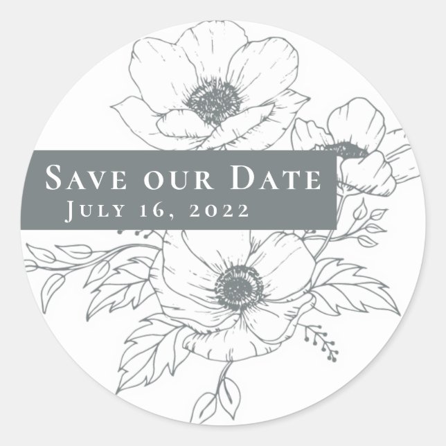 Simple Grey White Anemone Art Floral Save our Date Classic Round Sticker (Front)