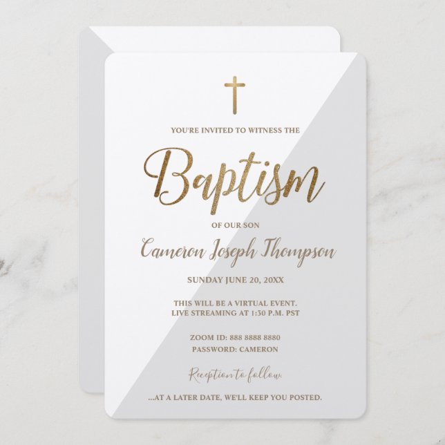 Simple Grey White Gold Cross Virtual Baptism Invitation (Front/Back)