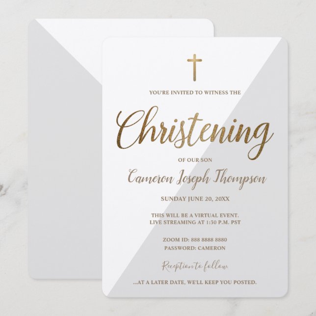 Simple Grey White Gold Cross Virtual Christening Invitation (Front/Back)