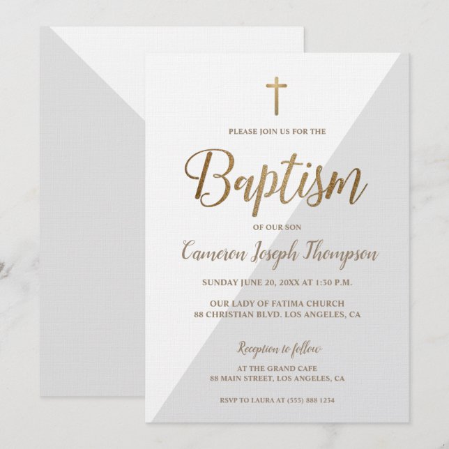 Simple Grey White Gold Modern Baptism Invitation (Front/Back)