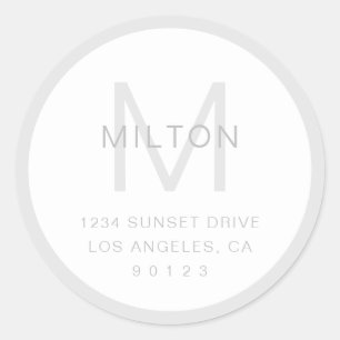 Simple Grey & White Monogram & Return Address Classic Round Sticker