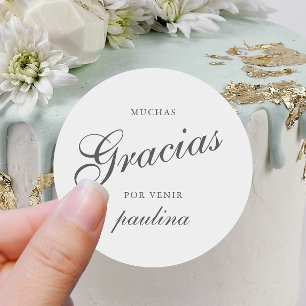 Simple Grey White Quinceañera Gracias Script Name Classic Round Sticker