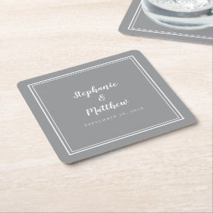 Simple Grey White Wedding Modern Minimalist Party Square Paper Coaster