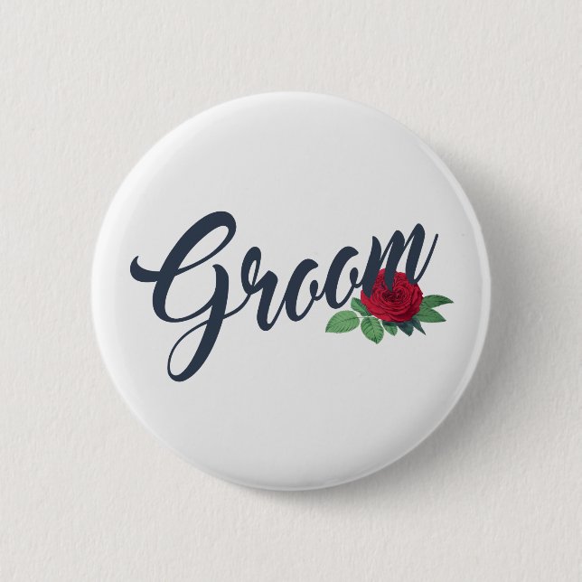 Simple Groom Floral Wedding Calligraphy Pin Button (Front)