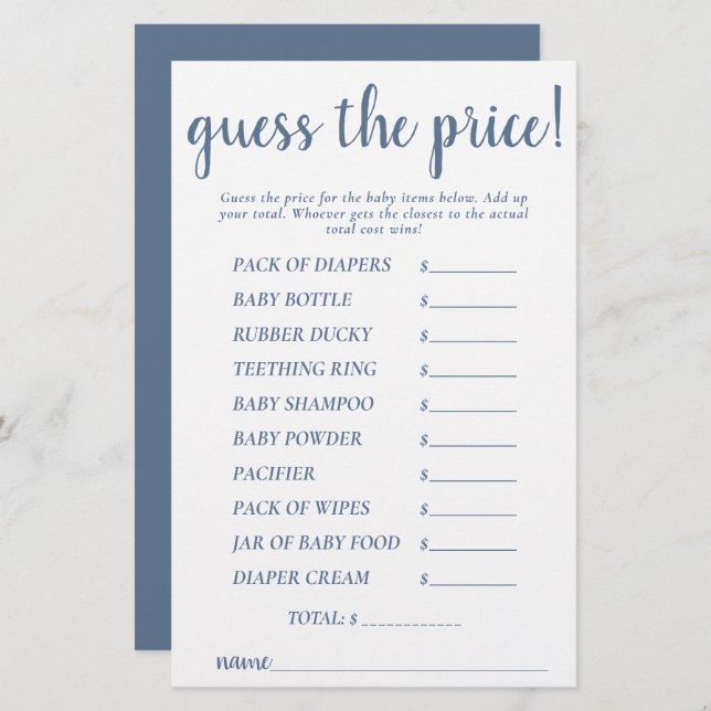 Simple Guess Prices | Dusty Blue Shower Game Card (Front/Back)