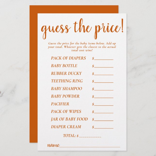 Simple Guess Prices | Fall Orange Shower Game Card (Front/Back)