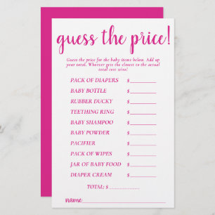 Simple Guess Prices Hot Pink Shower Game Card
