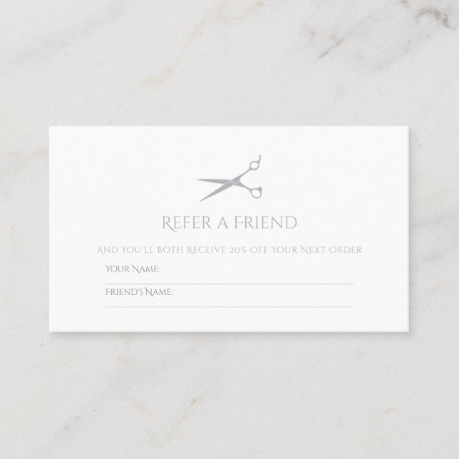 Simple Hair Stylist Scissors Modern Grey Referral Card (Front)