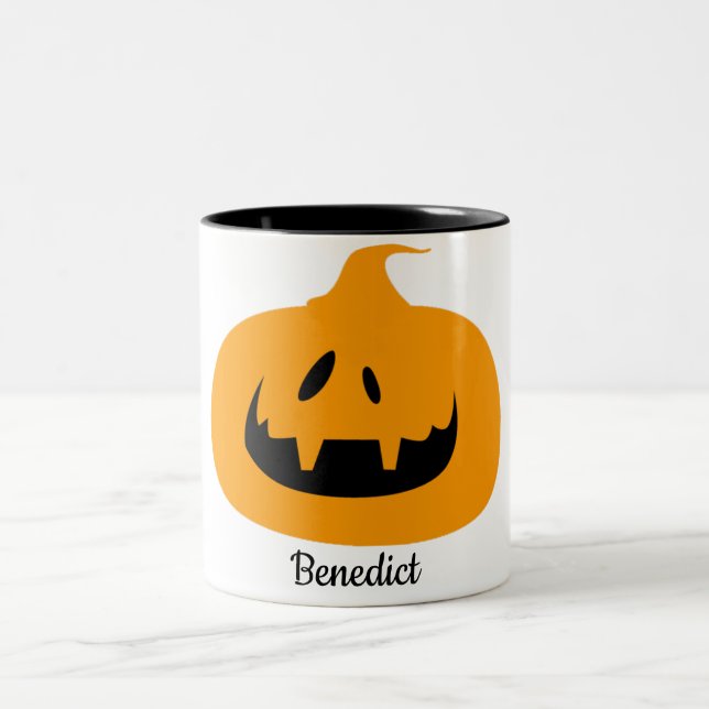 Simple Halloween jack-o-lantern pumpkin face Name Two-Tone Coffee Mug (Center)