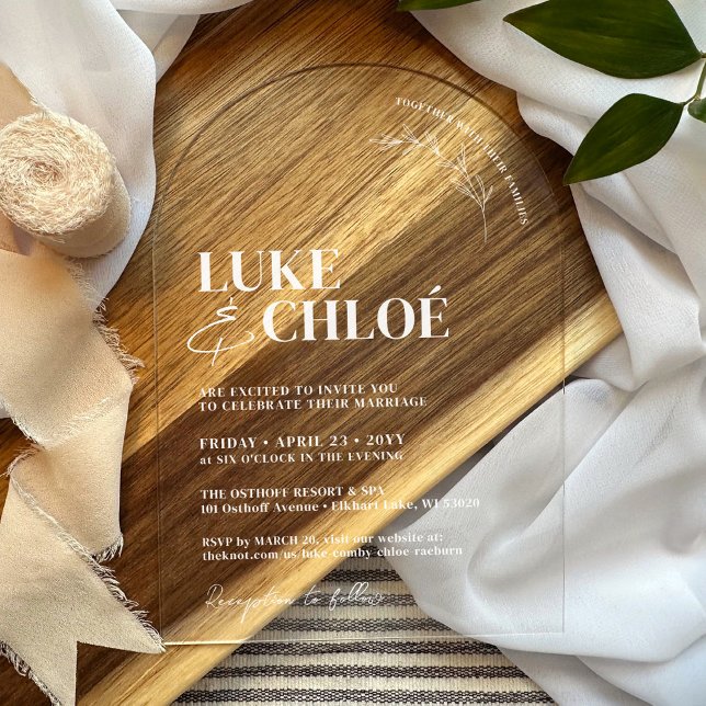 Simple Hand Drawn Botanical Unique Arch Wedding Acrylic Invitations (Classy modern all white simple botanical arch style personalized clear acrylic wedding invitation)