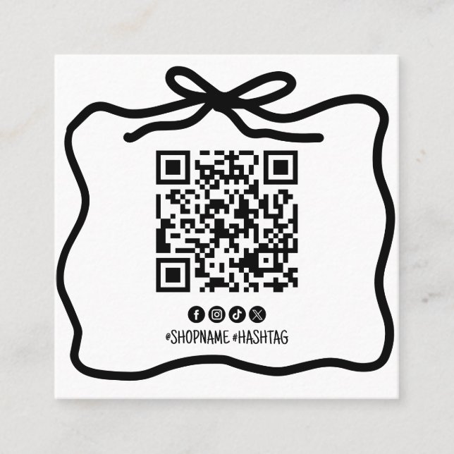 Simple Hand Drawn Bow Logo Social Media QR Code Square Business Card (Front)