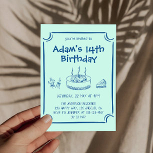 Simple Hand-Drawn Cake 14th Birthday Party         Invitation