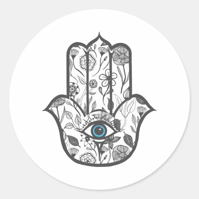 Simple Hand Drawn Floral Hamsa Hand Classic Round Sticker (Front)