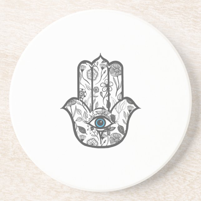 Simple Hand Drawn Floral Hamsa Hand Coaster (Front)