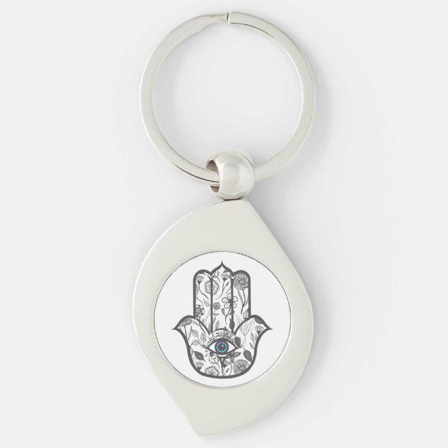 Simple Hand Drawn Floral Hamsa Hand Key Ring (Front)