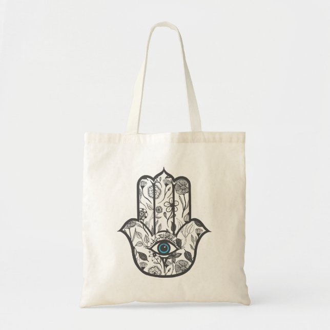 Simple Hand Drawn Floral Hamsa Hand Tote Bag (Front)