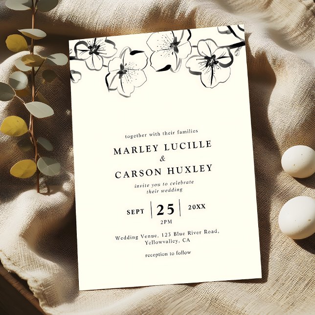 Simple Hand Drawn Floral Ivory Wedding Invitation (Creator Uploaded)
