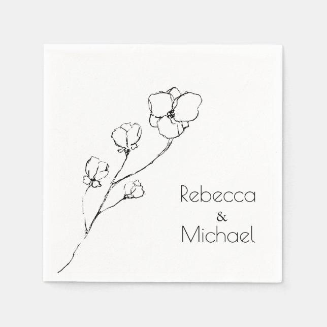 Simple Hand- Drawn Floral  Outlined Wedding Name Napkin (Front)