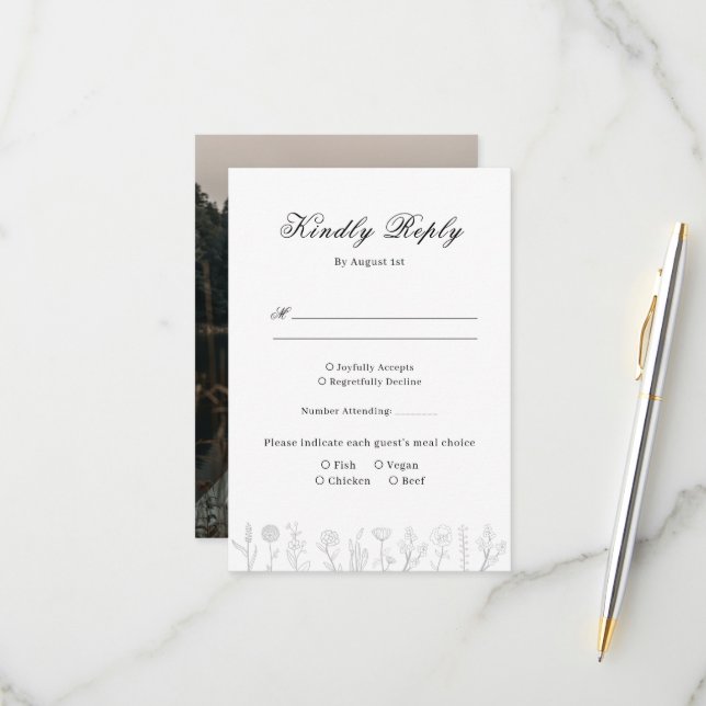 Simple Hand Drawn Flower Photo Wedding RSVP Card (Front/Back In Situ)