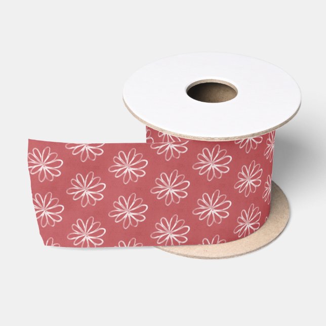 Simple Hand Drawn Flowers Red Satin Ribbon (Spool)