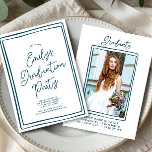 Simple Hand Drawn Graduation Party Photo Blue  Invitation