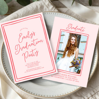 Simple Hand Drawn Graduation Party Photo Pink Invitation