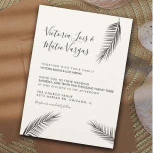 Simple Hand Drawn Palm Tree Leaf Black Wedding Invitation