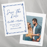 Simple Hand Drawn Photo Blue Whimsical Wedding Save The Date<br><div class="desc">Simple Hand Drawn Whimsical Blue Wedding Save the Date. This European Inspired Blue and White Save the Date Card features a clean, minimalist design perfect for couples seeking timeless elegance. A subtle hand-drawn frame with charming blue hearts in each corner gently encircles your wedding details, presented in a mix of...</div>