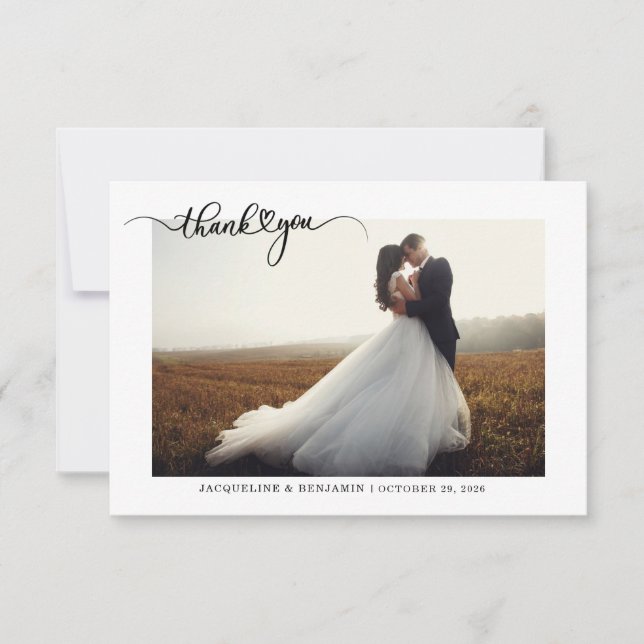 Simple Hand-Lettered Script Heart Wedding Photo Thank You Card (Front)