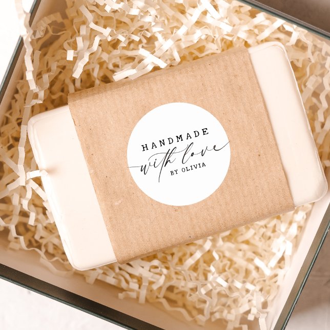 Simple Handmade with Love Script Business  Classic Round Sticker (Creator Uploaded)