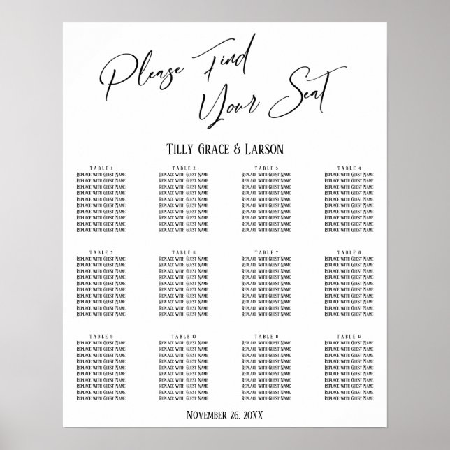 Simple Handwriting Reception Seating Chart (Front)