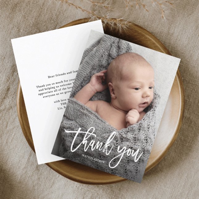 Simple Handwritten Baby Photo Thank You Card (Simple baby photo thank you card with modern handwritten script calligraphy thank you.)