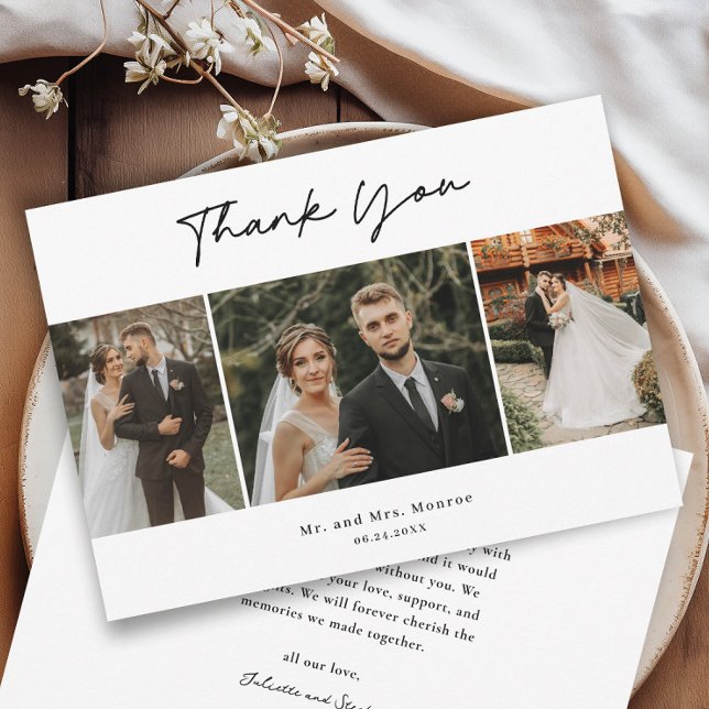 Simple Handwritten Script 3 Photo Wedding Thank You Card (Simple handwritten three photo collage wedding thank you cards.)